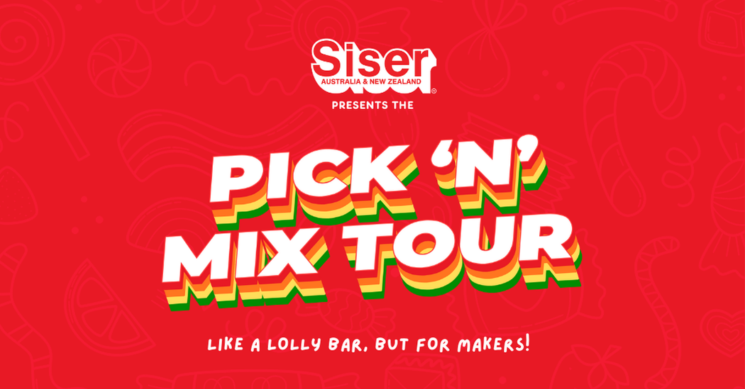 Promotional graphic for Siser's Pick 'N' Mix Tour on a red background with colorful text.