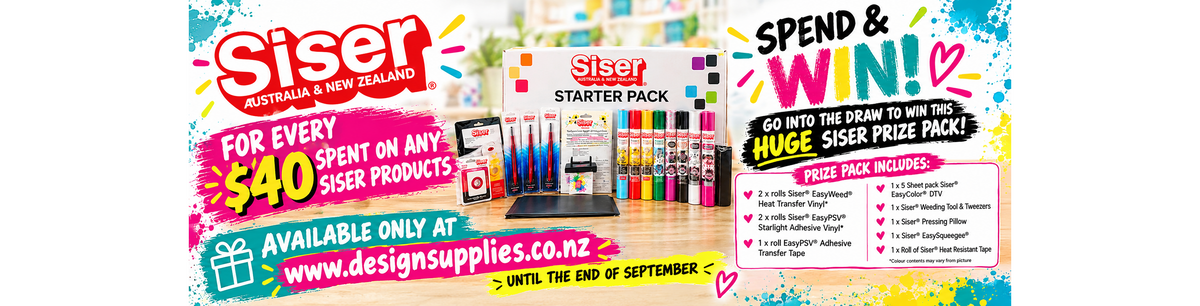 Promotional banner for Siser, featuring a 'Siser Starter Pack' of craft sticks and tools, with text offering a spend-and-win deal at www.designssupplies.