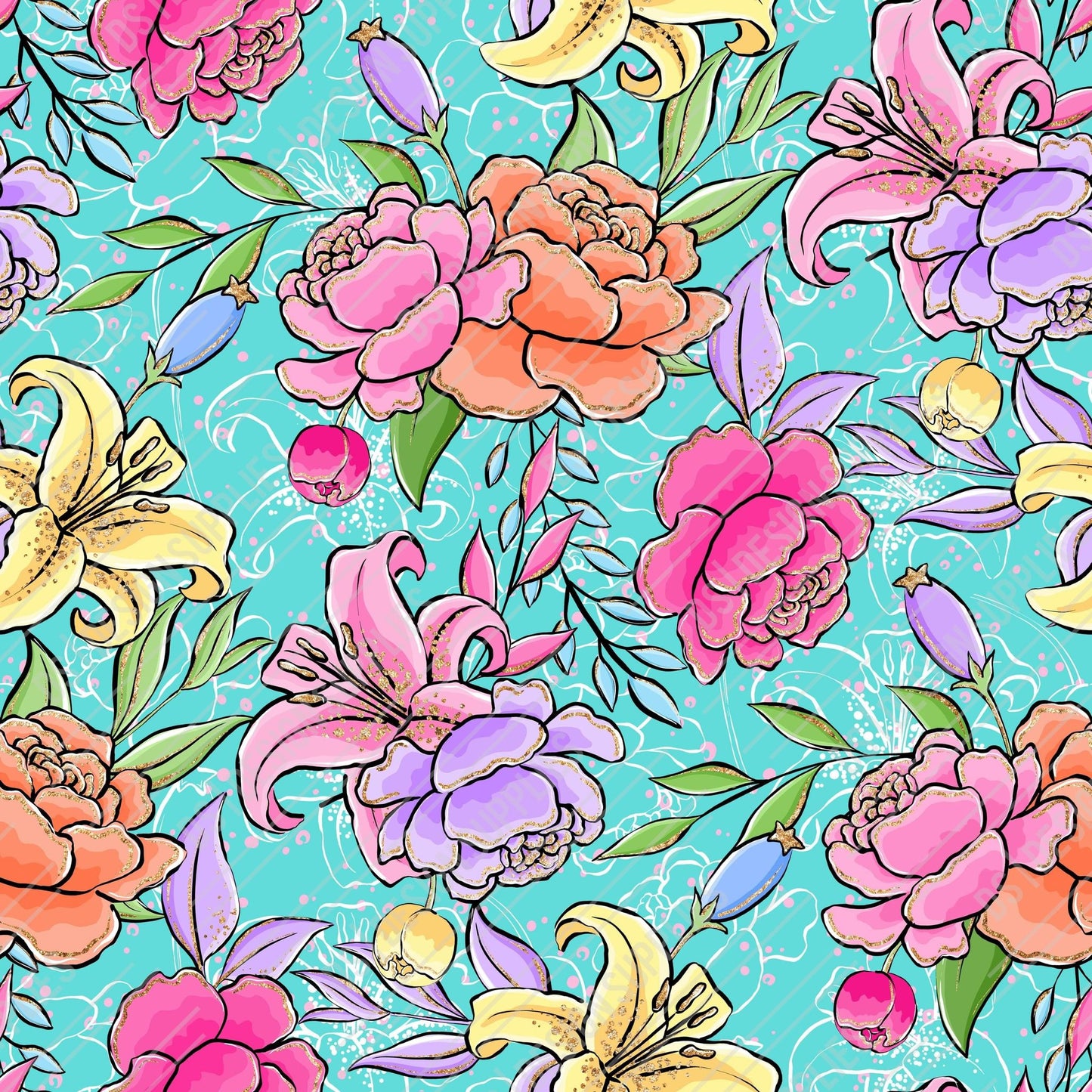 Teal Hand Drawn Flowers